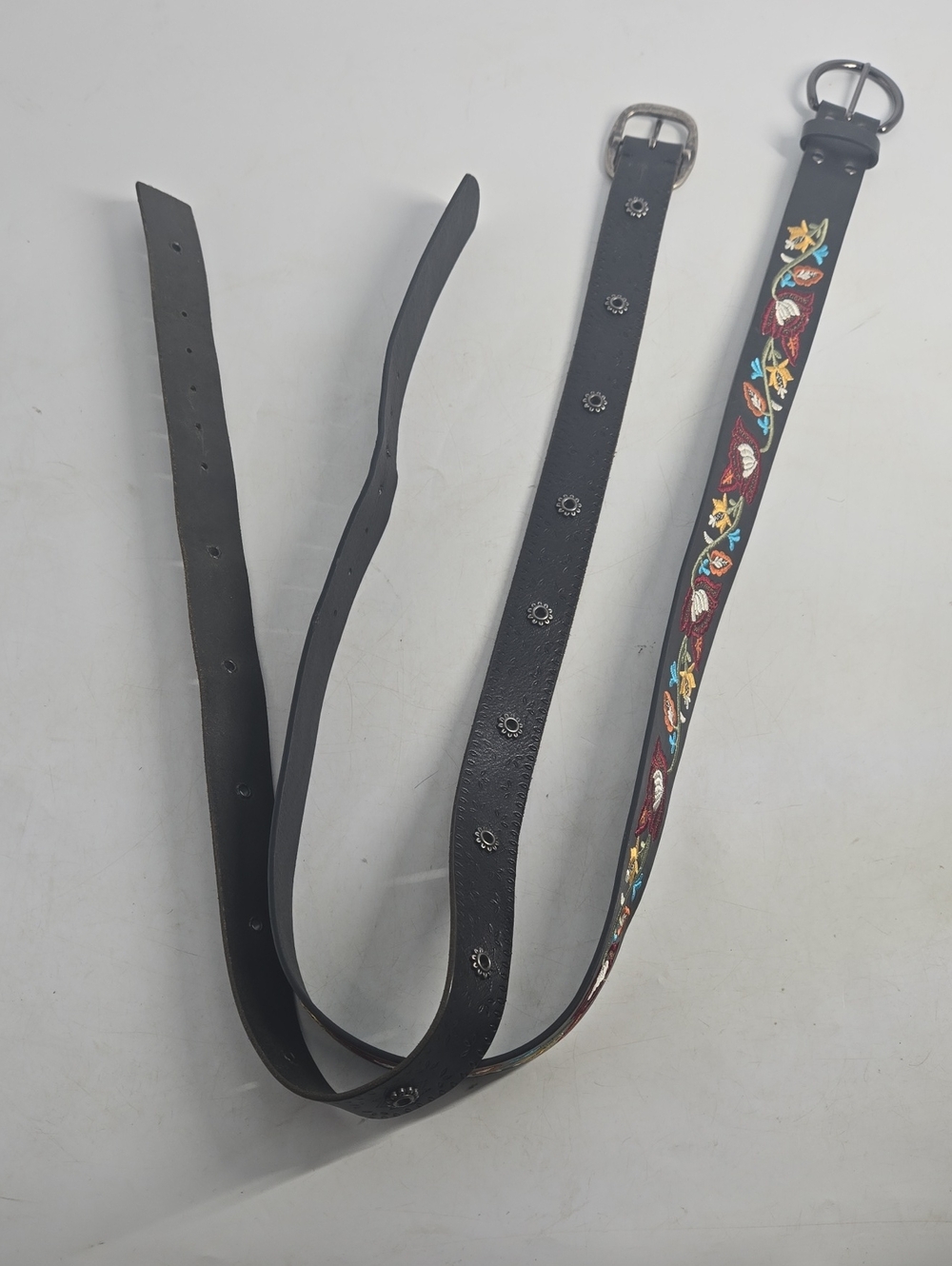 Plus Size Belt Bundle (2) Black Leayhet And PU Embroidered Floral Trim